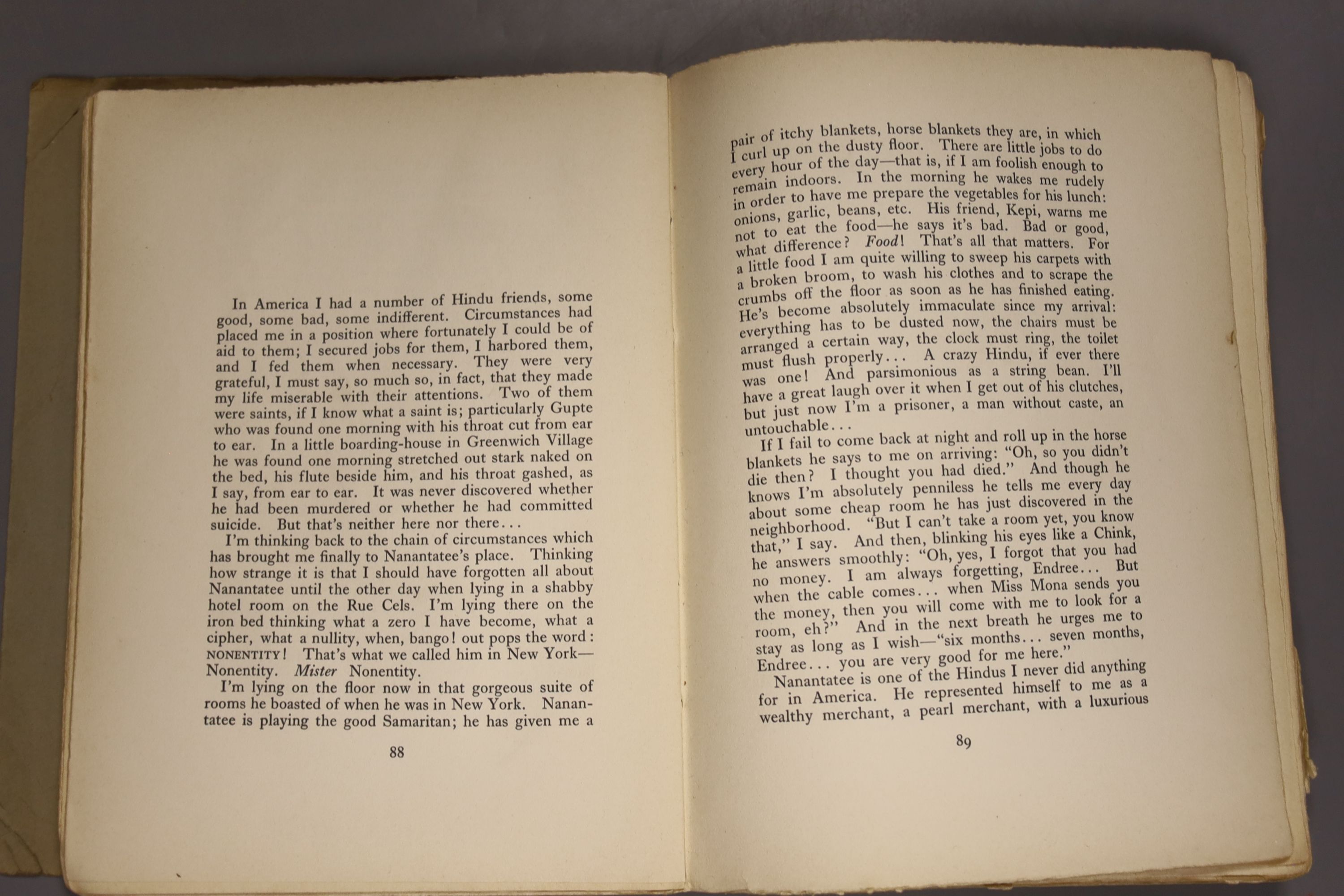 Miller, Henry – The Tropic of Cancer. Preface by Anais Nin, grey wrappers, Paris: The Obelisk Press, reprinted September 1935